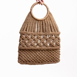 Vintage woven tan macrame bucket market bag